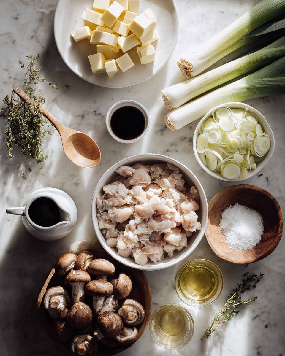 The image shows many cooking ingredients arranged on a white marbled surface. In the front center, a white bowl is full of small pale pieces of raw chicken. To the right, there is another white bowl filled with whole brown mushrooms. Near the mushrooms is a small round wooden bowl with coarse salt and a wooden spoon placed beside it. Above the chicken, a white bowl holds a pile of thinly sliced white and light green leeks. To the upper right of the leeks, whole uncut leeks lie across the surface. Small sprigs of fresh green thyme are scattered near the leeks and mushrooms. On the top left, a white plate contains several pale cubes of butter. Next to the butter, a small white bowl filled with salt is placed. Close by, a small white jug holds a dark liquid, and near it are two small clear glass bowls with light-colored oils or vinegars. The arrangement is tidy with soft natural light, and shadows add depth. Photo taken with an iphone --ar 4:5 --v 7