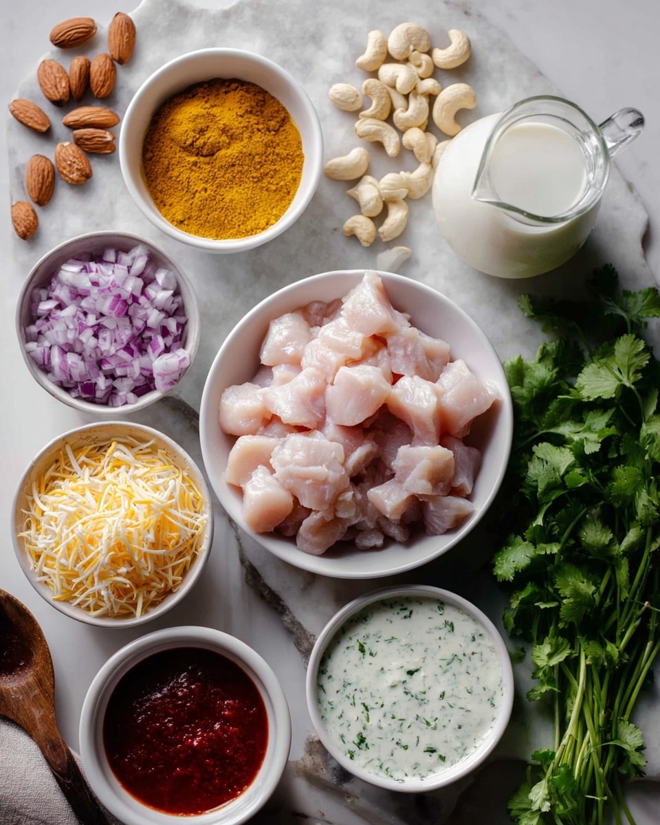 A white bowl in the center holds raw, pale pink chicken pieces cut into small cubes. Surrounding it are smaller white bowls containing different ingredients: one bowl at the top left with bright yellow curry powder, another bowl beneath it filled with shredded pale yellow cheese, a bowl to the lower left with finely chopped purple onions, and one bowl at the bottom center with thick red sauce. To the right of the chicken bowl, there is a small white bowl filled with a creamy white sauce speckled with green herbs. A clear glass pitcher filled with white milk sits near the top right. Scattered around are whole almonds and cashews, along with a bunch of fresh green cilantro leaves near the lower right. A small wooden spoon lies beside the cilantro on the white marbled texture surface. photo taken with an iphone --ar 4:5 --v 7