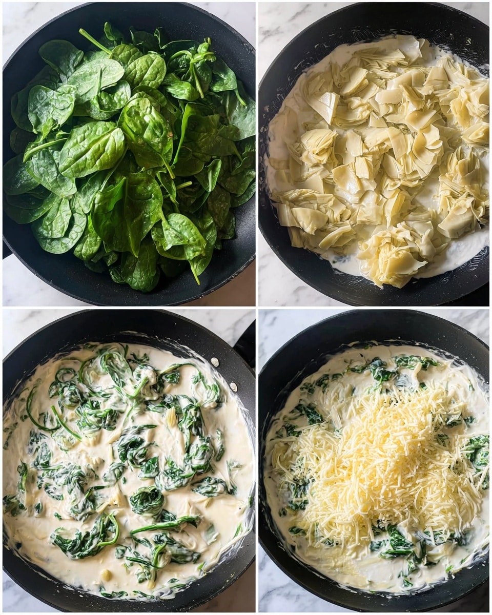 The image shows four steps in cooking a creamy spinach and artichoke dish in a black pan. The first part is fresh, bright green spinach leaves piled evenly in the pan. Next, the spinach is lightly cooked and mixed with pale, beige artichoke chunks scattered across the pan. The third step adds a thick white cream sauce covering the spinach and artichokes, creating a smooth texture with green spinach leaves peeking through. In the final step, a mix of finely grated white and yellow cheeses is spread over the creamy mixture, showing a layered contrast of creamy, leafy, and cheesy textures. The background is a white marbled texture, photo taken with an iphone --ar 4:5 --v 7