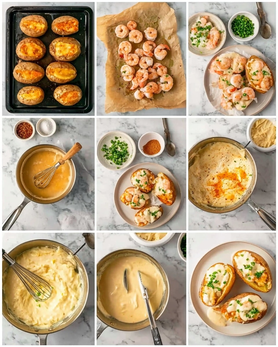 The image shows a step-by-step cooking process in nine parts on a white marbled surface. The first part has a black baking tray with four baked potatoes with golden brown crispy skins on parchment paper, and small bowls with seasonings and a creamy white sauce. The second part shows peeled shrimp in a silver pan with tongs and little bowls holding green herbs and spices around. The third part shows the shrimp cooked to a light orange color in the pan. The fourth part has a golden-brown mix being whisked in the pan. The fifth part shows cream added to the golden mix in the pan, with a whisk resting inside. The sixth part displays the mixture thicker, creamy white with the whisk still in the pan. The seventh part features the cooked shrimp put back into the creamy sauce in the pan, the sauce is light tan in color. The eighth part shows the sauce poured over the cut open baked potatoes on a white plate, with green herbs sprinkled nearby. The last part is a close-up of the finished dish, four potato halves topped with creamy shrimp sauce and fresh green parsley, the potatoes golden and fluffy inside. Photo taken with an iphone --ar 4:5 --v 7