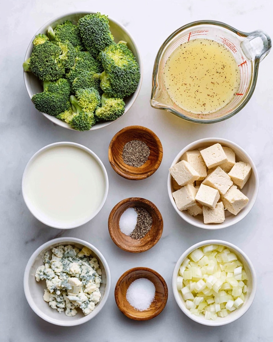 The image shows eight small white bowls and glass containers arranged on a white marbled surface. At the top left, a white bowl is filled with green broccoli florets. Next to it on the right is a clear glass measuring cup filled with light yellow broth, speckled with black pepper. Below the broccoli, there is a glass cup filled with white milk. To its right, a white bowl contains small square pieces of light brown tofu. On the right side, two small wooden bowls hold white salt crystals and black pepper. At the bottom left, a white bowl contains small chopped pieces of white onion. Next to it, a small white bowl holds crumbled blue cheese, and on the far right, a smaller bowl has finely minced pale yellow garlic. The arrangement is neat and evenly spaced. Photo taken with an iphone --ar 4:5 --v 7