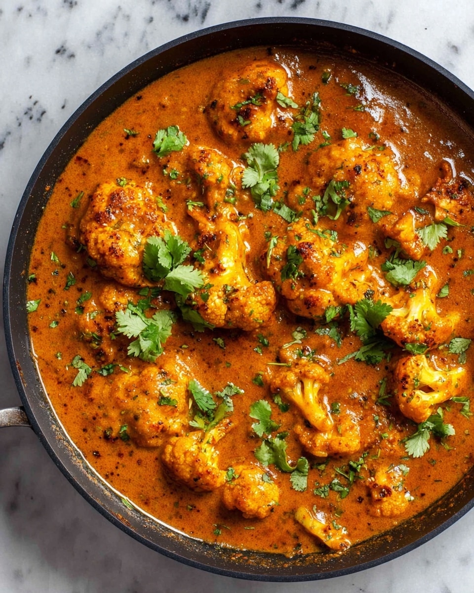 The image shows a black pan filled with a rich, thick orange-brown sauce with visible herbs mixed in, giving it a slightly textured look. Large pieces of light golden-brown roasted cauliflower are scattered on top, partially submerged in the sauce, adding a bumpy texture and depth to the dish. Bright green cilantro leaves are placed evenly across the cauliflower, providing a fresh contrast in color. The pan sits on a white marbled surface with small scattered specks around it. Photo taken with an iphone --ar 4:5 --v 7