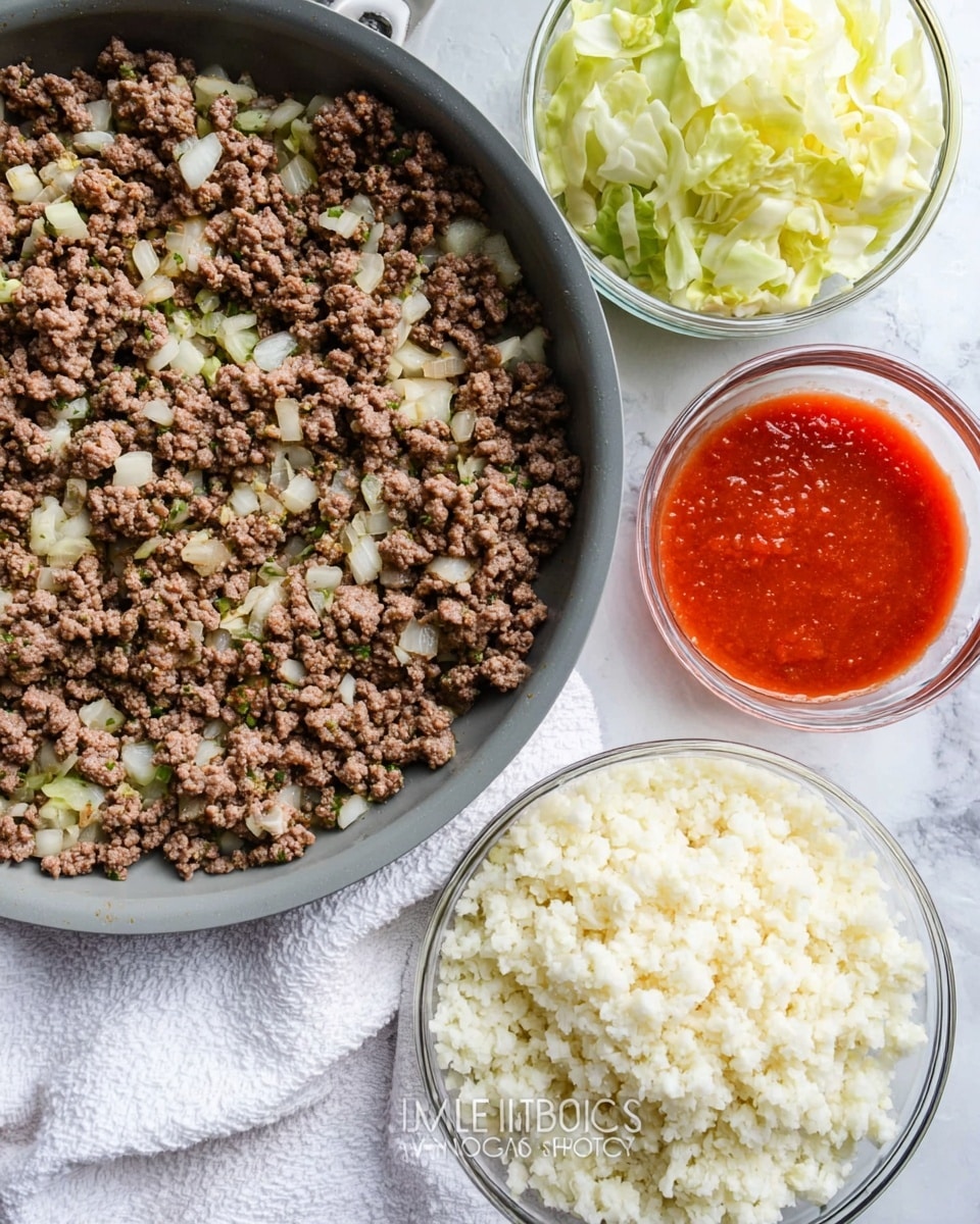 The image shows a gray frying pan filled with cooked ground beef mixed with small pieces of onion and herbs, giving the top layer a brown and slightly textured look with white and green specks. To the right, there are two glass bowls stacked vertically; the top bowl has light yellow, roughly chopped cabbage pieces, and the bottom bowl contains fluffy, white cauliflower rice with a grainy texture. Next to the bowls on the right side, there is a small transparent glass container filled with bright red sauce that is smooth and shiny. The items sit on a white cloth over a white marbled surface photo taken with an iphone --ar 4:5 --v 7