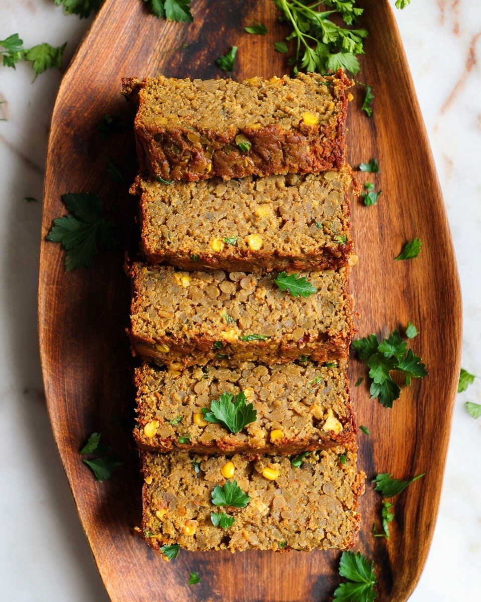 Five rectangular slices of a brown lentil and corn loaf are arranged vertically on a wooden platter. The loaf has a dense texture with visible bits of yellow corn and lentils throughout each slice. The top crust is slightly darker and smooth while the interior is rough and grainy. Fresh green parsley leaves are scattered on and around the slices, adding a pop of color. The wooden platter has natural grain patterns and a warm tone. The whole setup is placed on a white marbled surface. Photo taken with an iphone --ar 4:5 --v 7