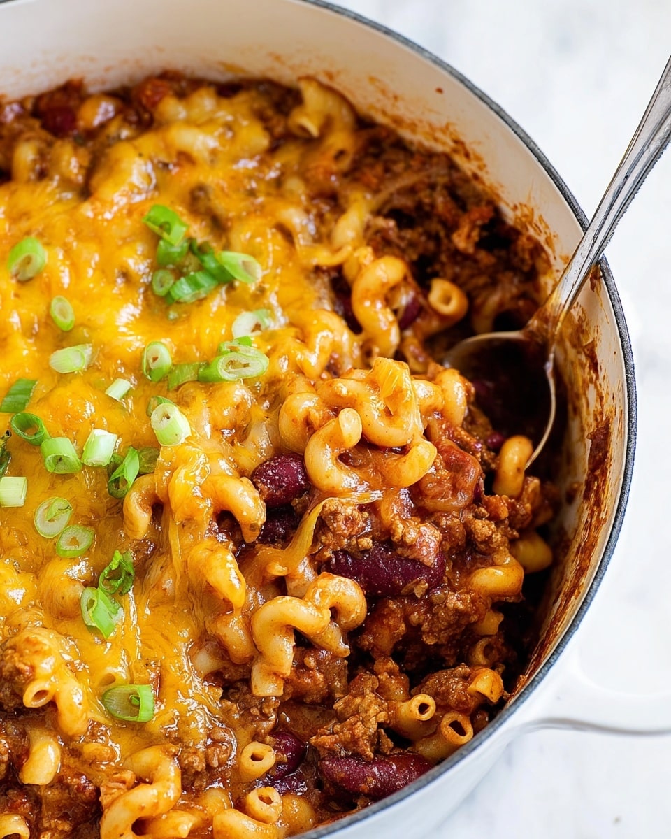 The image shows a close-up of a pasta casserole inside a white pot, featuring three main layers: the bottom layer has elbow macaroni mixed with a thick, reddish-brown meat sauce with kidney beans scattered throughout, the middle layer is a rich, melted yellow cheddar cheese covering the pasta unevenly with some browned spots, and the top layer has chopped green onions sprinkled as a fresh garnish. A silver spoon sits partially immersed in the dish, with some of the sauce coating the spoon. The pot is set on a white marbled texture. photo taken with an iphone --ar 4:5 --v 7