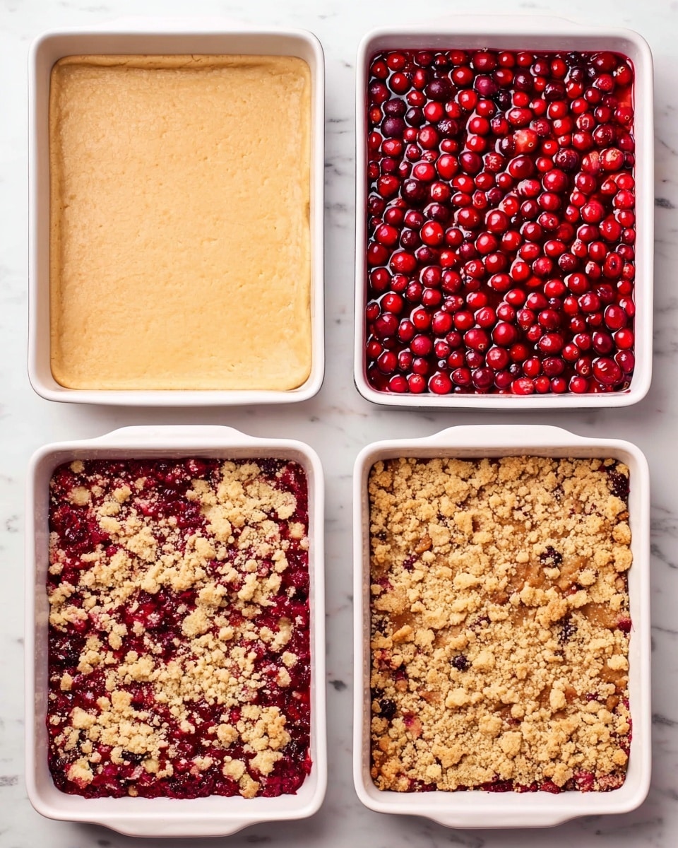 The image shows four white rectangular baking dishes arranged in a grid on a white marbled surface. The top left dish has a smooth, light tan base layer of dough pressed flat. The top right dish shows the same dough base but covered evenly with bright red cranberries, creating a shiny, round texture across the surface. The bottom left dish contains the same cranberry layer covered with a crumbly, light golden topping, with uneven pieces scattered all over, allowing some cranberries to show through. The bottom right dish shows the baked version of the crumbly topping, now golden brown and crispy, with the cranberries darker and slightly sunken underneath. photo taken with an iphone --ar 4:5 --v 7