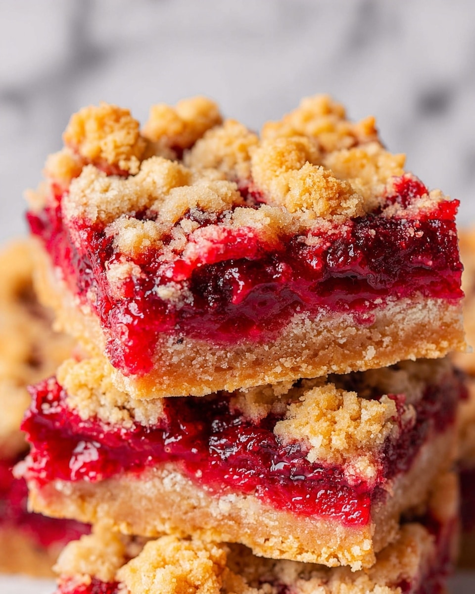 The image shows a close-up of a dessert bar with three visible layers: the bottom layer is a golden-brown crumbly crust, the middle layer is a thick, bright red fruit filling with a textured look from whole or mashed berries, and the top layer consists of scattered chunky golden crumb topping with a rough texture. The dessert pieces appear stacked, showing the filling oozing slightly between the layers. The background has a white marbled texture. Photo taken with an iphone --ar 4:5 --v 7