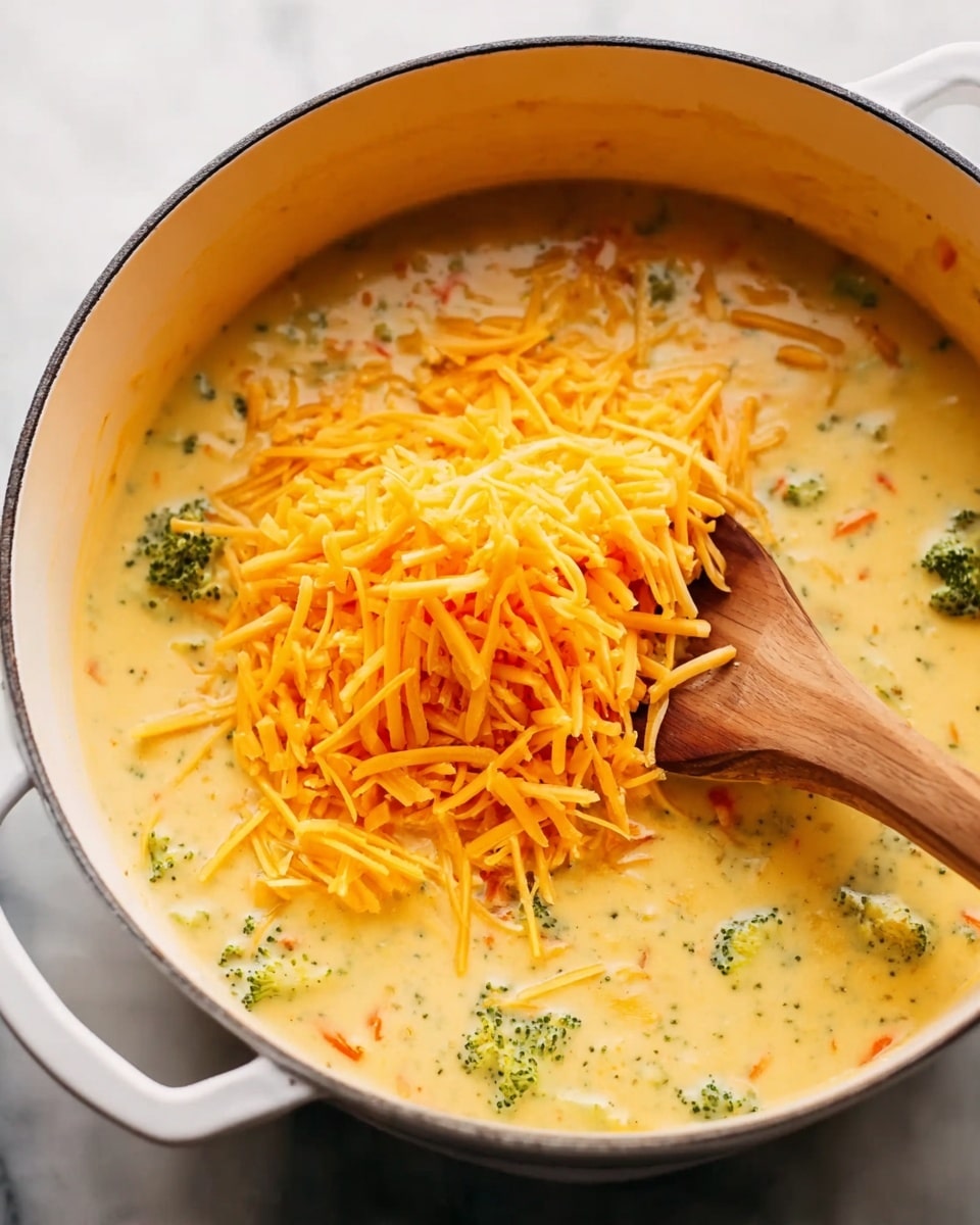 A large white pot filled with a creamy yellow soup that has small bits of green broccoli and orange carrot pieces mixed in. On top of the soup, there is a pile of shredded bright orange cheddar cheese. A wooden spoon with a smooth handle is partly submerged in the soup, stirring near the cheese. The pot sits on a white marbled surface, and the image is bright and warm. Photo taken with an iphone --ar 4:5 --v 7