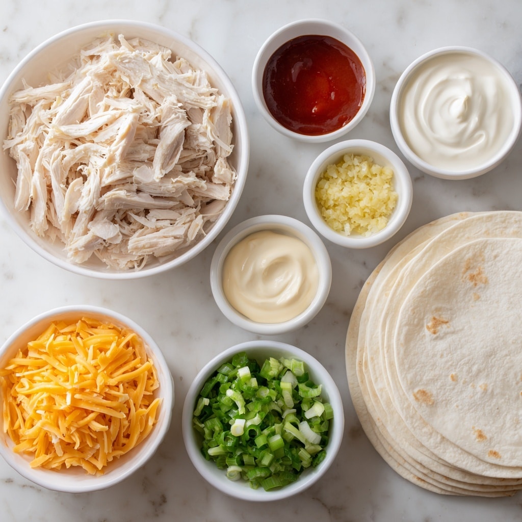 The image shows several white bowls with different foods arranged on a white marbled surface. The largest bowl at the top left holds pale shredded cooked chicken, with soft texture and a slightly moist look. To the right, smaller bowls contain smooth white light yogurt and creamy light mayonnaise. Below these, there are three more bowls: one with bright orange shredded cheddar, another with yellow shredded regular cheddar, and a third filled with chopped green onion pieces with a fresh, crisp appearance. At the top right, a tiny white bowl holds minced light yellow garlic, and next to it, another small bowl has deep red hot sauce. On the far right side, there are three white large tortilla wraps stacked neatly with soft, slightly uneven surfaces. Photo taken with an iphone --ar 4:5 --v 7