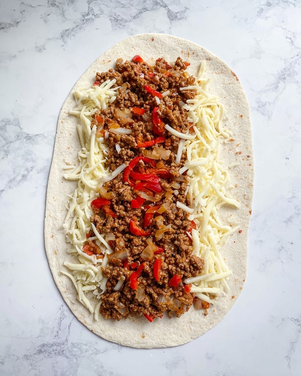 The image shows a thin, oval-shaped flatbread placed on a white marbled surface. On the flatbread, there is a bottom layer of shredded white cheese spread evenly in a wide strip along the center. On top of the cheese, there is a layer of cooked ground meat mixed with small chunks of red bell peppers and translucent onion pieces, forming a thick, uneven line in the middle. The flatbread edges are plain, and the overall colors are light beige for the flatbread, creamy white for the cheese, and rich brown with red and translucent accents for the meat mixture. photo taken with an iphone --ar 4:5 --v 7