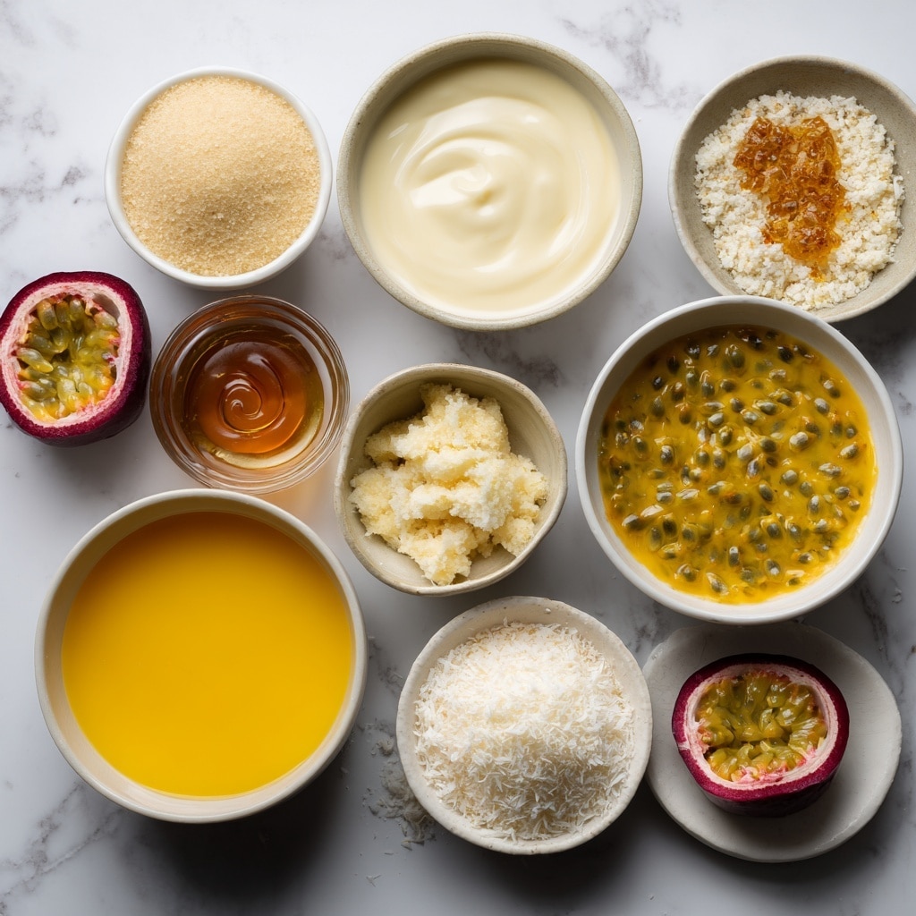 The image shows a step-by-step process for making a round, layered dessert with a white and orange color scheme. The top left part shows a metal tray with six round molds, each having two ring shapes inside. The top right part shows orange liquid with black seeds being poured into one white mold. The bottom left part shows a white liquid being poured in the center of the orange layer inside the same mold. The bottom right part shows two white round layers being pressed together with an orange filling in the middle, held by a pair of hands. The surface beneath everything is a white marbled texture. Photo taken with an iphone --ar 4:5 --v 7