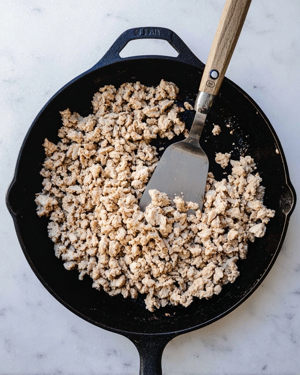 A black cast iron pan filled with light beige cooked ground meat, with small crumbly pieces spread evenly across the pan surface. A metal spatula with a wooden handle is placed inside the pan, lifting some of the meat. The pan rests on a white marbled surface. photo taken with an iphone --ar 4:5 --v 7