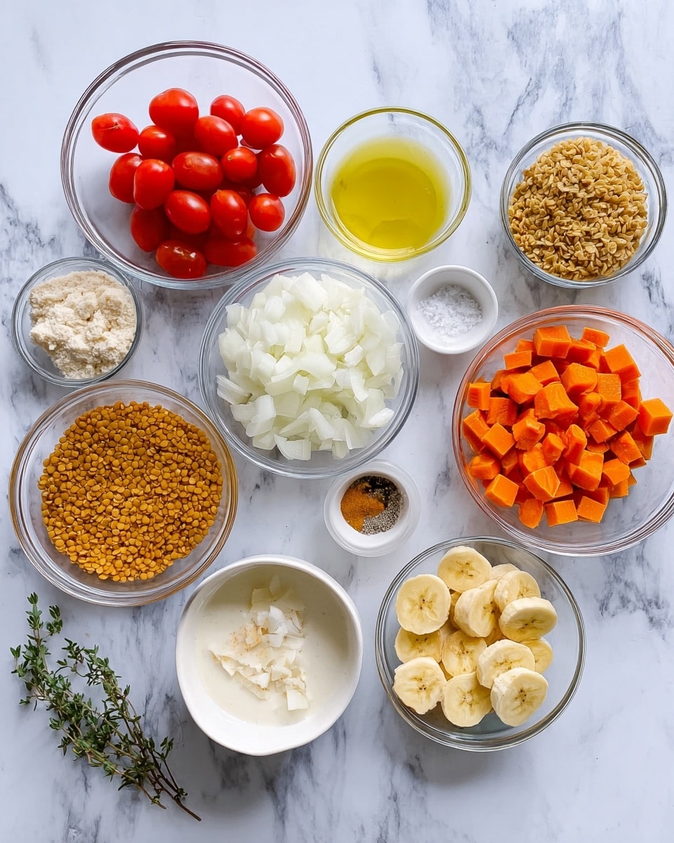 The image shows an arrangement of clear glass bowls and one white bowl on a white marbled surface. The bowls hold various ingredients including bright red halved cherry tomatoes, diced white onions, white rice, chunky golden brown lentils, orange diced carrots, creamy white coconut milk, small minced garlic pieces, yellowish chopped plantain slices, round pale plantain slices in a white bowl, golden spices in small bowls, clear yellow cooking oil, and white salt. Two small sprigs of fresh green thyme lie beside the bowls, completing the setup. The layout is neat and colorful with a clear view of each ingredient's texture and color, photo taken with an iphone --ar 4:5 --v 7