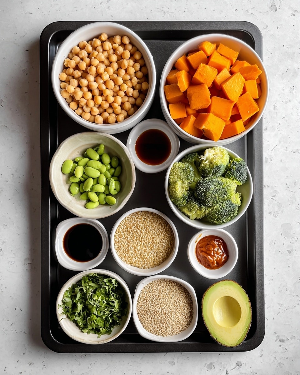 A black tray lays on a white marbled surface, holding ten white bowls and small containers with various ingredients. In the top left is a bowl full of round, beige chickpeas, next to it on the right is a bowl of bright orange cubed sweet potatoes. Below these, from left to right, are small containers: dark soy sauce, a light brown sauce, garlic paste on a tiny white plate, and a reddish sauce. On the bottom left are bowls of green edamame, chopped green herbs, white quinoa grains, and bright green broccoli florets. A halved avocado with bright green flesh sits at the bottom right corner of the tray. photo taken with an iphone --ar 4:5 --v 7
