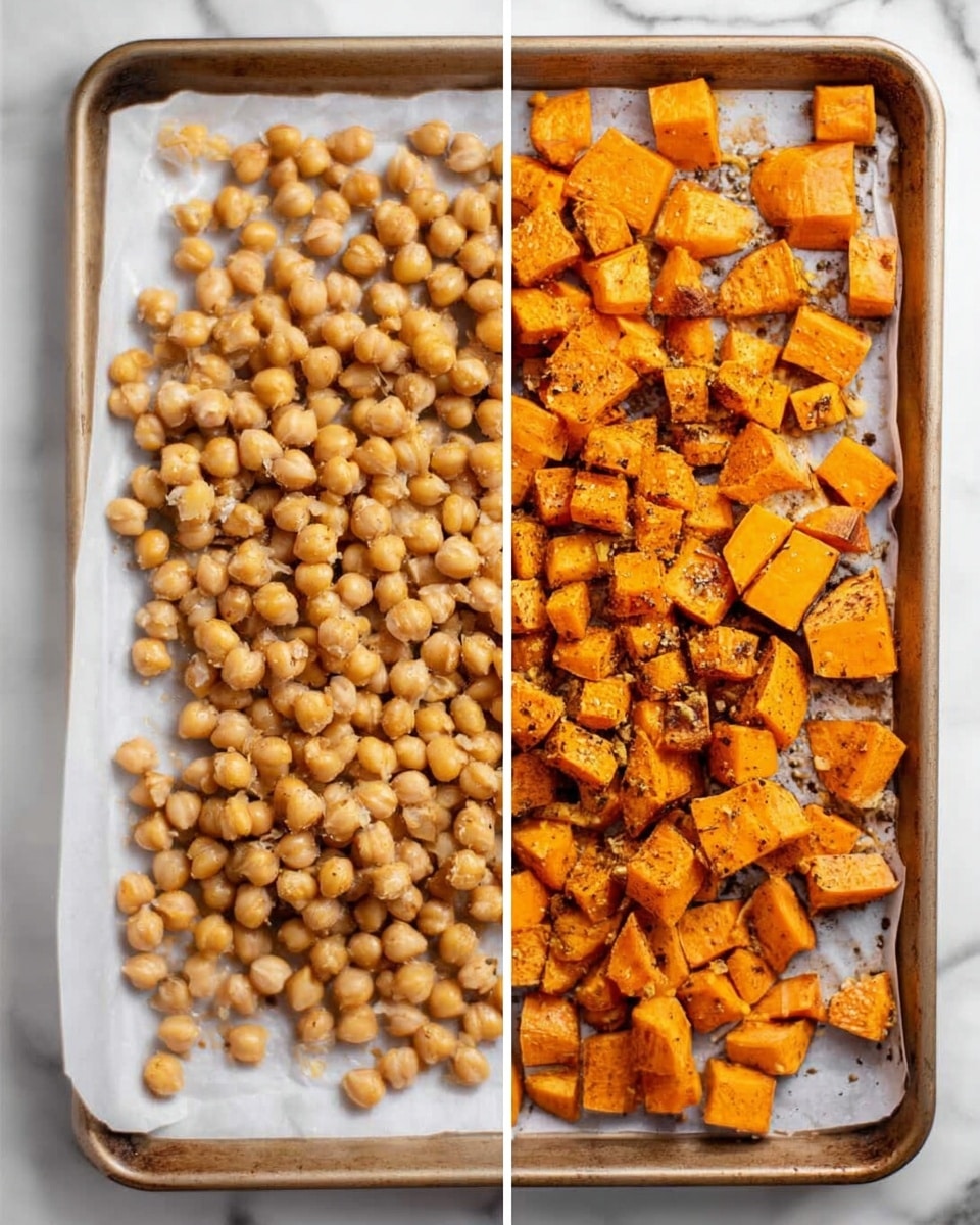 Two side-by-side images show a baking tray with roasted chickpeas and cubed orange sweet potatoes on white parchment paper. On the left, the uncooked chickpeas are pale beige and the sweet potato cubes are bright orange, spread evenly across the tray on a white marbled surface. On the right, the chickpeas have turned a golden brown with some seasoning visible, and the sweet potatoes are darker orange with slight charring on the edges, all still spread evenly on the tray. Photo taken with an iphone --ar 4:5 --v 7