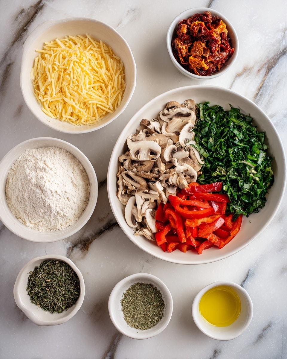 The image shows several white bowls arranged on a white marbled surface, each containing different pizza ingredients. The largest bowl is filled with four chopped vegetables arranged in separated sections: green leafy herbs on the top left, orange-red sun-dried tomatoes on the top right, light beige chopped mushrooms in the middle, and bright red bell peppers at the bottom. To the left and below are smaller white bowls holding vegan cheese shreds in yellow, instant yeast in pale beige, thick red pizza sauce, white flour with a small well in the center, dried green herbs, and yellow olive oil. The ingredients are organized clearly and neatly. Photo taken with an iphone --ar 4:5 --v 7