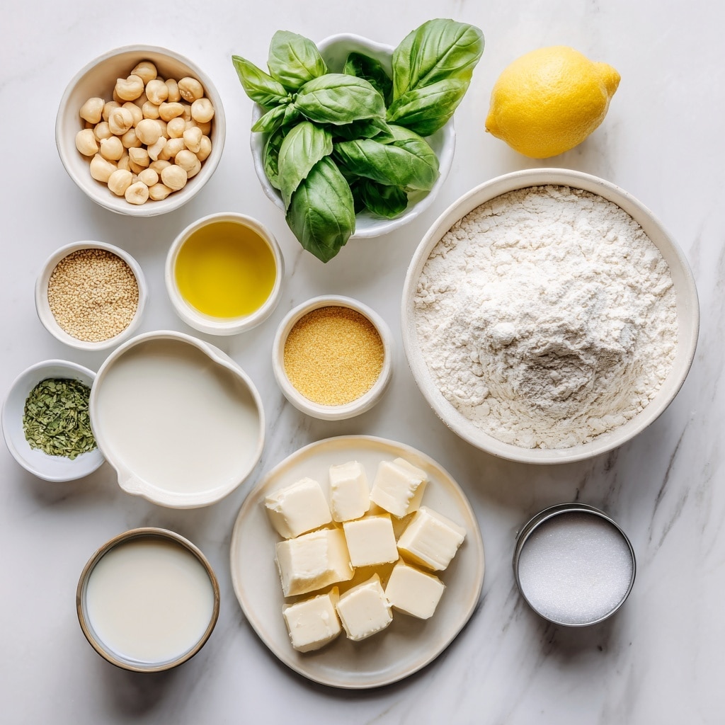 The image shows a flat lay of small white bowls and a white plate with different baking ingredients on a white marbled surface. In the center right is a large white bowl filled with a mound of white flour. Above it, a bowl with fresh green basil leaves is placed near a half lemon showing bright yellow flesh. To the left, in a row from top to bottom, there is a bowl of pale beige macadamia nuts, a bowl of light yellow olive oil, a small bowl of yellow nutritional yeast, and a bowl of light tan yeast granules. Below the large bowl of flour, a small white bowl holds a creamy off-white liquid labeled as dairy-free milk, and beside it is a small tin container filled with white sugar. At the bottom center, a white plate carries evenly cut cubes of pale yellow vegan butter. There is also a small white bowl of green herbs near the butter. The setup is clean and well-organized. Photo taken with an iphone --ar 4:5 --v 7