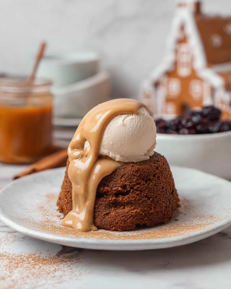A single round dark brown cake with a dense and crumbly texture sits in the center of a white plate. On top of the cake is a scoop of smooth, white ice cream, partially melting and covered with a thick, creamy layer of light brown sauce that drips slightly down the sides. The cake and toppings are lightly dusted with a brown powder, scattered on and around the plate. In the background, out of focus, are a white bowl with dark dried fruits, gingerbread house decorations, and a jar with an orange-brown sauce on a white marbled surface. Photo taken with an iphone --ar 4:5 --v 7