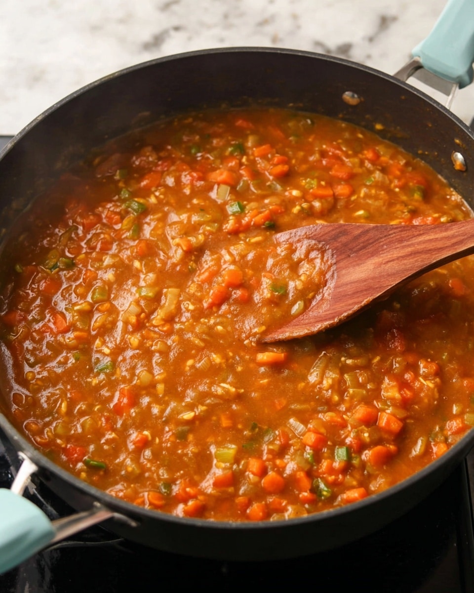 A thick stew with a rich orange-brown sauce filled with small chunks of bright orange carrots, light green celery, and bits of white onion, all mixed evenly. It is in a black pan with a light blue handle, and a wooden spoon is stirring the stew from the right side, with part of the spoon submerged in the thick sauce. The background is a white marbled surface behind and under the pan. photo taken with an iphone --ar 4:5 --v 7