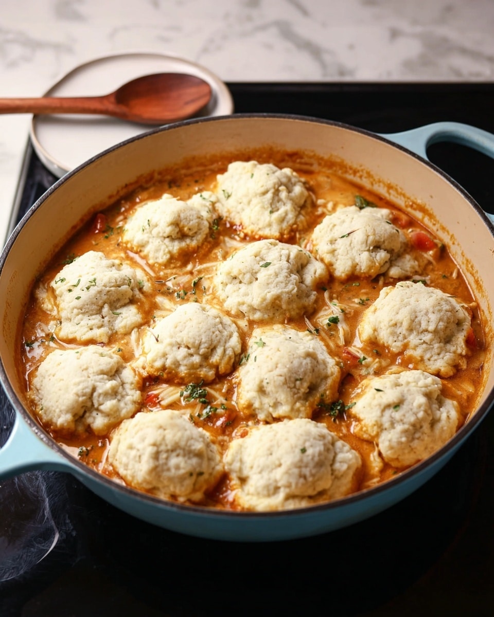 The image shows a light blue pan filled with a thick, orange stew that has visible small pieces of vegetables like red peppers and greens mixed in. On top of the stew, there are fourteen roughly round, creamy white dollops of biscuit dough spread evenly across the surface. The biscuit dough looks soft and textured, with peaks and valleys. The pan is set on a black stovetop, and in the background, a wooden spoon rests on a white dish. The whole scene is on a white marbled texture surface. photo taken with an iphone --ar 4:5 --v 7