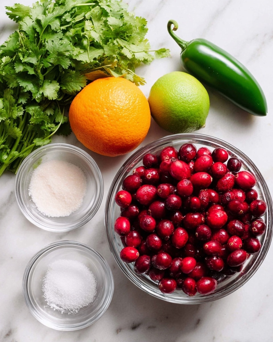 A clear glass bowl filled with bright red cranberries sits on a white marbled surface on the right side of the image. To the left of the bowl is a bunch of fresh green cilantro leaves with stems, next to a whole orange and a whole green lime placed below it. Two small clear glass bowls contain white granulated sugar and coarse salt, placed below and above the citrus fruits respectively. A whole green jalapeño pepper rests on the top right corner of the surface. The colors are vivid and fresh, and the arrangement is neat and spaced out. Photo taken with an iphone --ar 4:5 --v 7