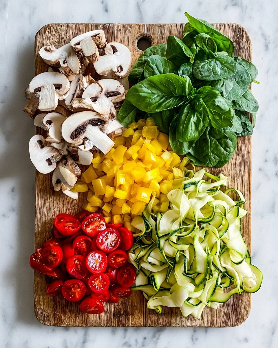 A wooden cutting board on a white marbled surface holds five groups of fresh vegetables arranged neatly: sliced white mushrooms with brown stems in the top left corner, small yellow diced bell peppers in the center top, fresh bright green basil leaves on the top right, a cluster of fresh dark green spinach leaves below the basil, and thin, long pale green zucchini ribbons with darker edges spread in the bottom right corner. Sliced cherry tomatoes, deep red with seeds visible inside, are placed in the bottom left corner. The colors and textures of the vegetables are clear and vibrant, showing freshness. Photo taken with an iphone --ar 4:5 --v 7