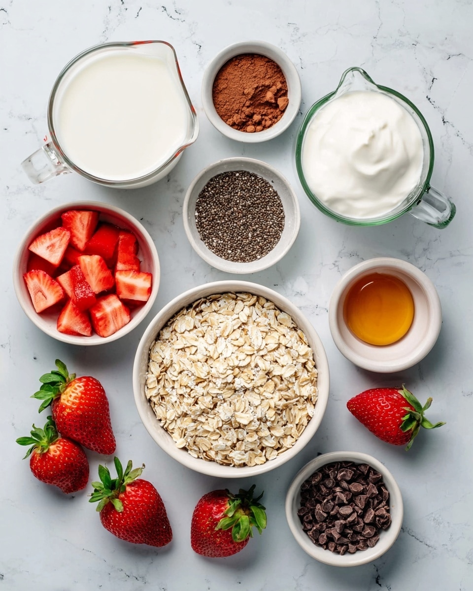 The image shows several small white bowls and a glass measuring cup arranged on a white marbled surface, each filled with different ingredients. There is a large white bowl filled with light tan rolled oats at the center-right. Surrounding it are smaller white bowls holding shiny dark brown cocoa powder, dark brown chocolate chips, black chia seeds, and two bowls of honey with a golden amber color. A white bowl with thick, creamy white yogurt is placed near the top right, and a glass measuring cup with white milk is on the left side. A small white bowl at the bottom left holds bright red diced strawberries, while whole strawberries with green leaves are scattered around the bowls on the marbled background. The presentation is bright, fresh, and neatly organized, photo taken with an iphone --ar 4:5 --v 7