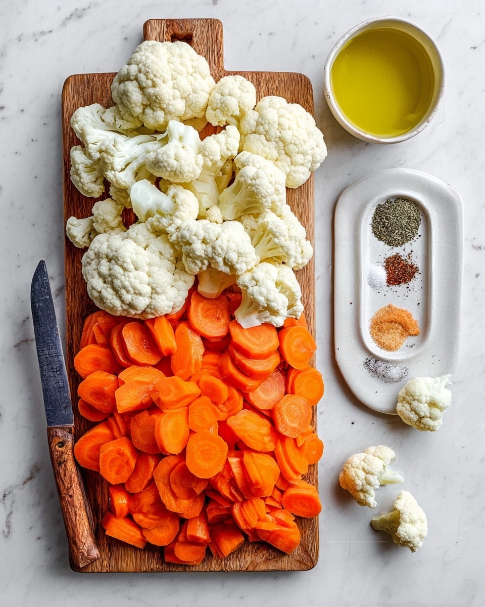 A black baking tray filled with roughly chopped white cauliflower florets and thick orange carrot chunks, all spread evenly on parchment paper. Over the vegetables, a woman's hand is holding a white scalloped small dish with a mix of coarse black pepper, salt, and herbs, ready to sprinkle on top. The background is a white marbled texture. photo taken with an iphone --ar 4:5 --v 7
