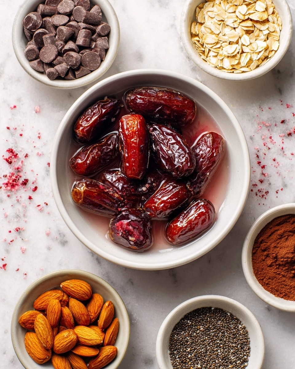 A top-down view of a white bowl filled with a mix of shiny, reddish-brown dates and dark red frozen berries in a light liquid. Surrounding the bowl are five smaller white bowls containing smooth chocolate chips, pale rolled oats, whole almonds, light brown cocoa powder, and tiny black chia seeds. All bowls sit on a white marbled surface, creating a clean and organized arrangement. photo taken with an iphone --ar 4:5 --v 7