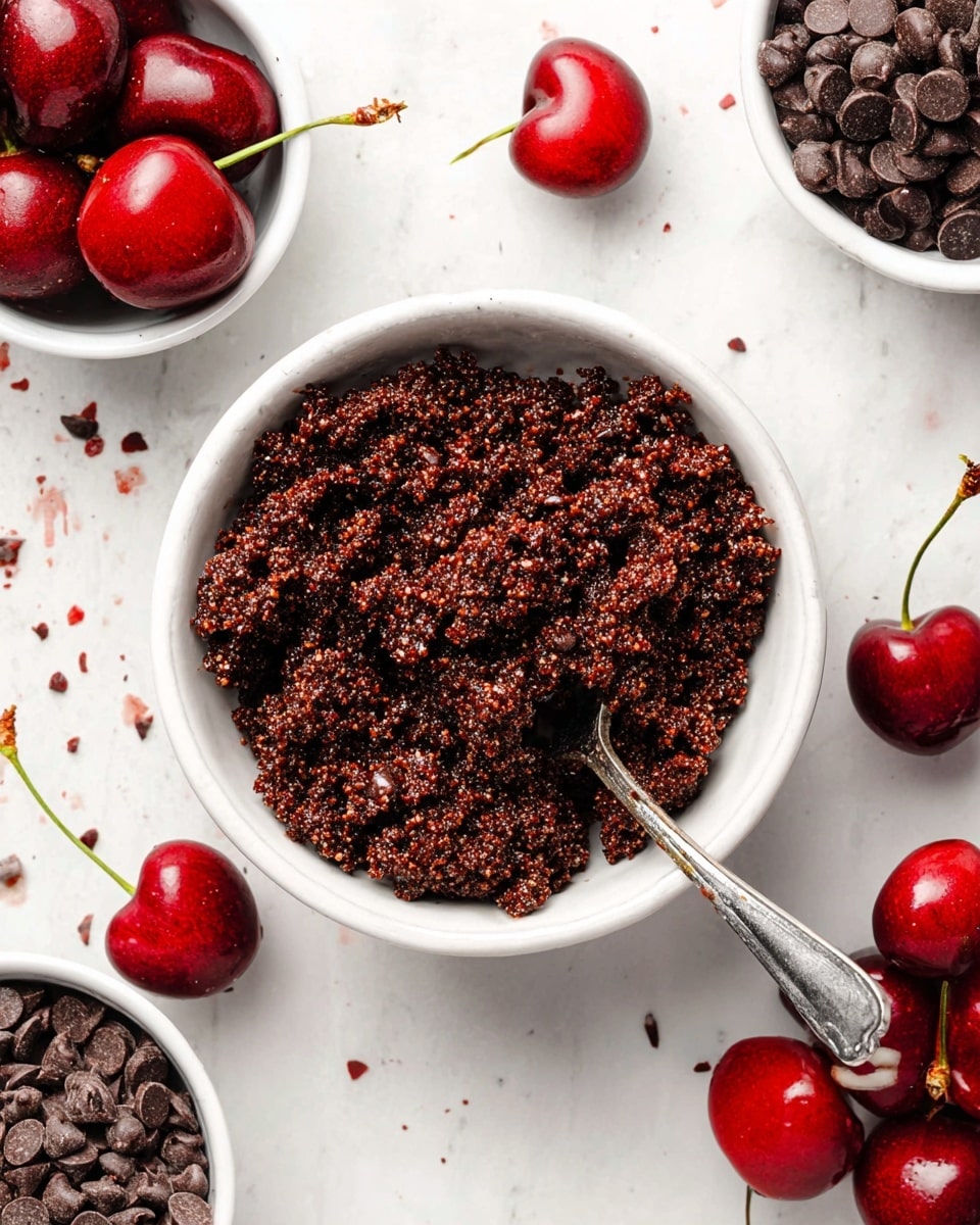 A white bowl filled with a crumbled dark brown mixture that looks rough and grainy in texture, with a silver spoon resting inside. Surrounding it are a few bright red cherries with green stems, and two smaller white bowls — one filled with shiny dark chocolate chips and the other with whole cherries. The entire scene is set on a white marbled surface. Photo taken with an iphone --ar 4:5 --v 7