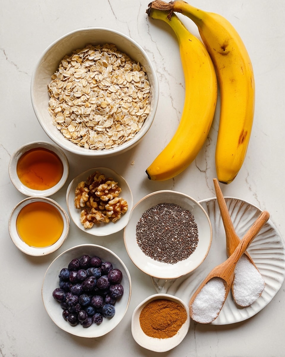 The image shows two ripe yellow bananas on a white marbled surface, next to a white bowl filled with light beige rolled oats. Around the bowl are small white bowls containing dark purple blueberries, light brown chopped walnuts, golden honey, and amber maple syrup. A white plate with ridged edges holds three piles of brown flax seeds, black chia seeds, and orange-brown ground cinnamon. Two small wooden scoops on the plate contain white baking powder and white sea salt. The setup is neat and organized, with soft natural light highlighting the texture and colors of each ingredient, photo taken with an iphone --ar 4:5 --v 7