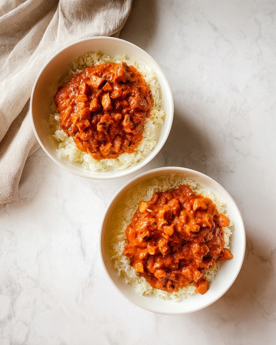 Two white bowls are placed on a white marbled surface, each filled with two clear layers. The bottom layer is white rice with a soft, fluffy texture, evenly spread to cover the base of the bowls. On top, there is a thick, rich reddish-orange sauce with brown chunks mixed in, creating a hearty and warm look. The sauce covers the rice fully and has a slightly shiny texture, with visible small pieces of soft, cooked ingredients. A light beige fabric is draped casually near the top left corner. photo taken with an iphone --ar 4:5 --v 7