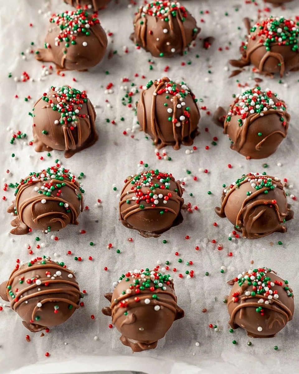 The image shows a batch of round chocolate balls arranged on a sheet of white parchment paper. Each ball is fully covered in smooth milk chocolate with a few round bumps and small drips on the sides and base. They are topped with small festive sprinkles in red, green, and white, scattered evenly across the surface of each ball. Some chocolate is lightly drizzled over the balls in thin lines, creating a shiny texture contrast. The background is a white marbled surface with some sprinkles and thin chocolate lines scattered around the balls. photo taken with an iphone --ar 4:5 --v 7