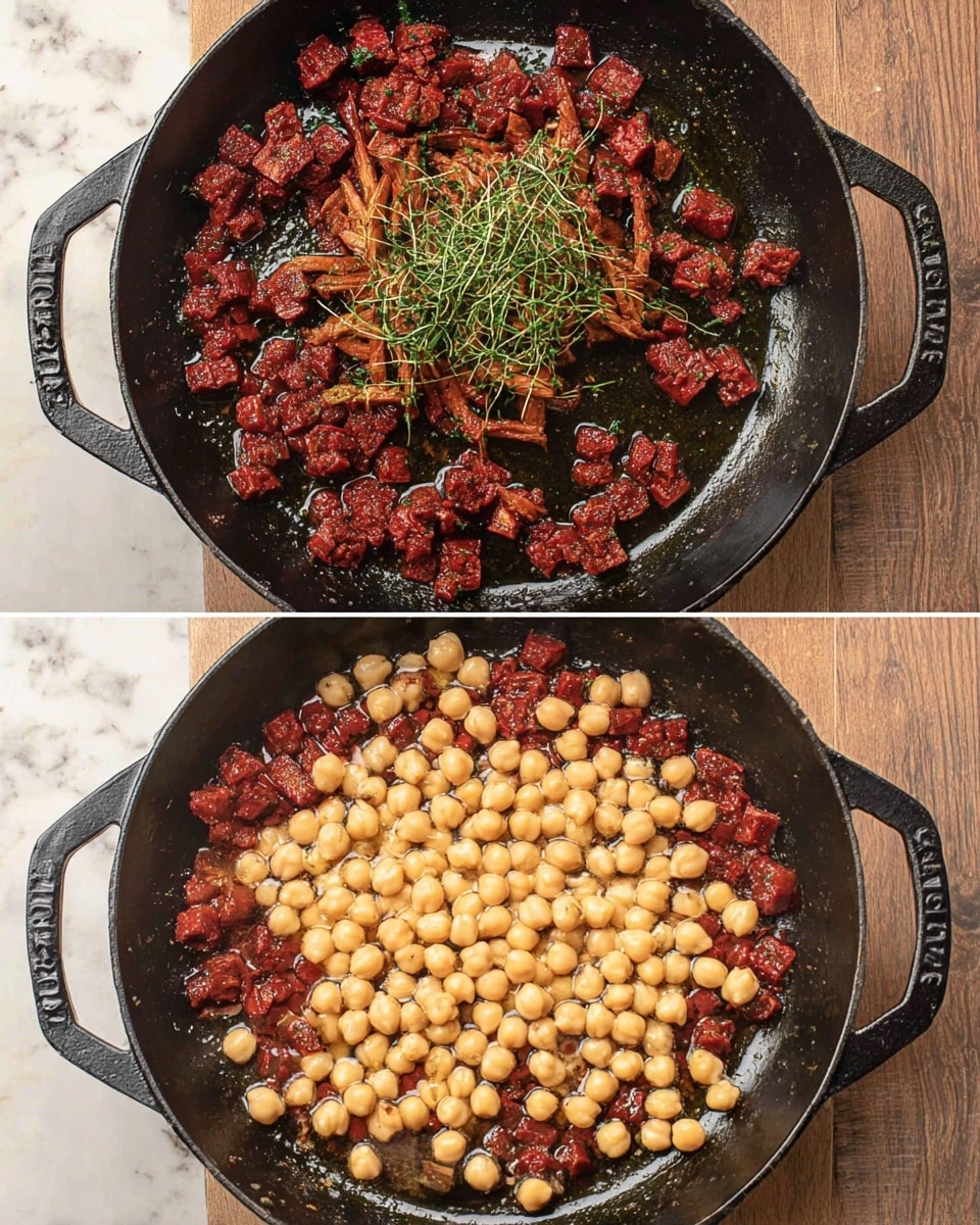 The image shows two cooking stages in a black cast iron pan on a wooden surface with a white marbled texture background. In the top half, there is a single layer of small dark red cooked pieces spread around the pan's edges with a cluster of brownish cooked strips topped with green fresh herbs in the center, all glistening with oil. In the bottom half, the same background with the same cooked red pieces spread on the bottom and edges, now covered by a thick layer of light beige round chickpeas piled in the center, partially hiding the red pieces, also shiny with oil. photo taken with an iphone --ar 4:5 --v 7