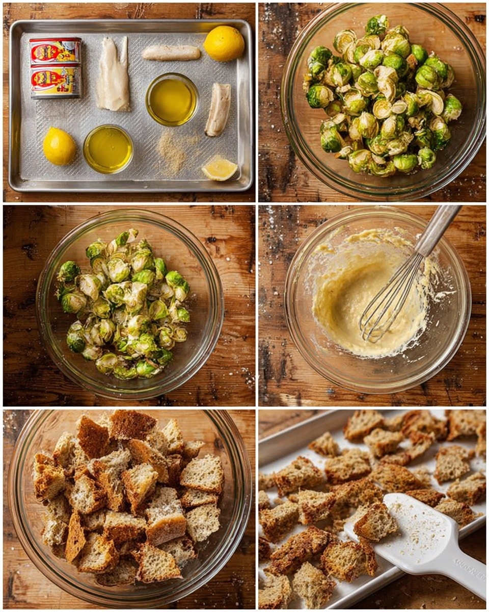 The image shows a collage of six photos capturing a step-by-step process of making crispy toasted bread pieces. The first photo displays a silver tray with six ingredients including olive oil, grated cheese, rolled anchovy fillets in a bright red and yellow tin, lemon, garlic, and a small dish of mustard on a wooden surface. The second photo has a clear glass bowl filled with a pale yellow mixed paste, with a metal whisk inside, against a wooden background. The third photo shows the same glass bowl now filled with whole Brussels sprouts coated evenly with the paste, with a white spatula underneath. The fourth photo displays torn pieces of brown textured bread in a clear glass bowl, accompanied by some larger bread chunks beside it, resting on a wooden surface. The fifth and sixth photos focus on close-ups of the torn bread pieces spread out on a white baking tray, turning from lightly toasted with some uneven golden spots to more evenly browned and crunchy textured pieces. All images have a warm, rustic feel with the wooden background. photo taken with an iphone --ar 4:5 --v 7