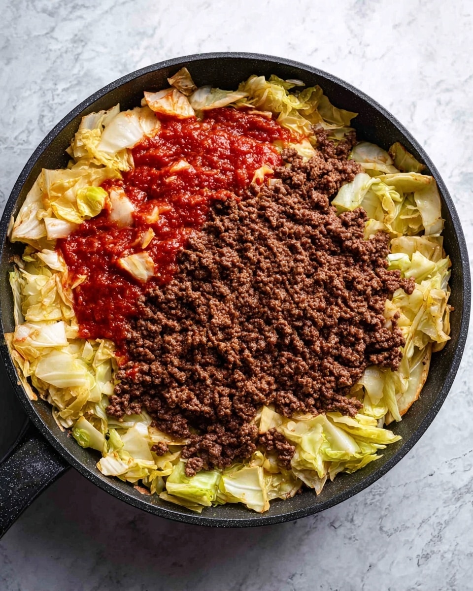 A black skillet is filled with three layers of food: the bottom layer is chopped cabbage, showing off pale yellow and light green pieces with a soft, slightly cooked texture; on top of the cabbage is a bright red sauce spread unevenly over part of the cabbage; covering most of the sauce and cabbage is a thick layer of cooked ground beef, dark brown in color and crumbly in texture. The skillet sits on a white marbled surface. photo taken with an iphone --ar 4:5 --v 7