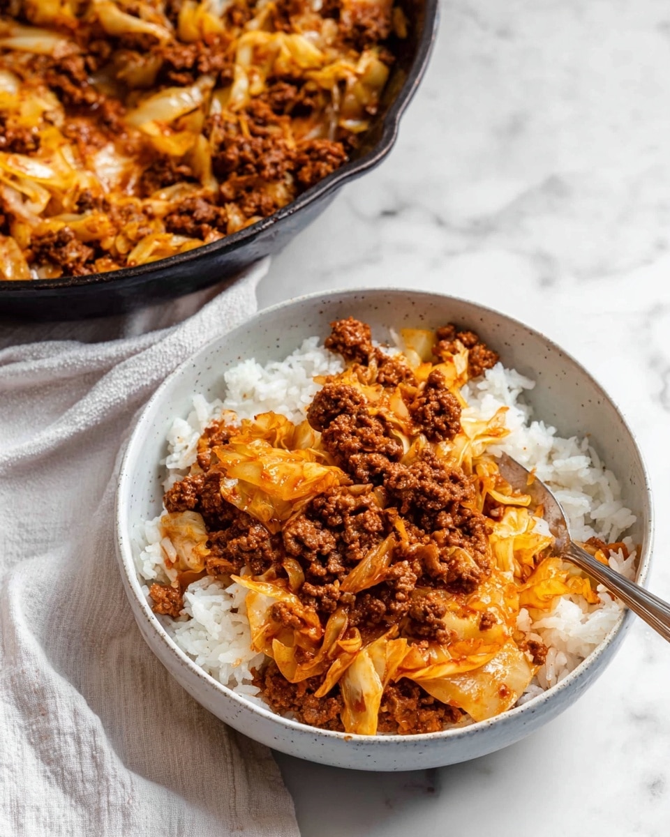 The image shows a white bowl filled with two layers: the bottom layer is fluffy white rice, and the top layer is a mix of cooked ground meat and soft cabbage pieces in a reddish-brown sauce. The meat is dark brown and crumbly, scattered evenly over the orange-tinted cabbage pieces. A silver spoon is resting inside the bowl on the left side. Behind the bowl, there is a black cast-iron skillet filled with the same meat and cabbage mix, placed on a white marbled surface. A white cloth is partly visible near the bowl. photo taken with an iphone --ar 4:5 --v 7