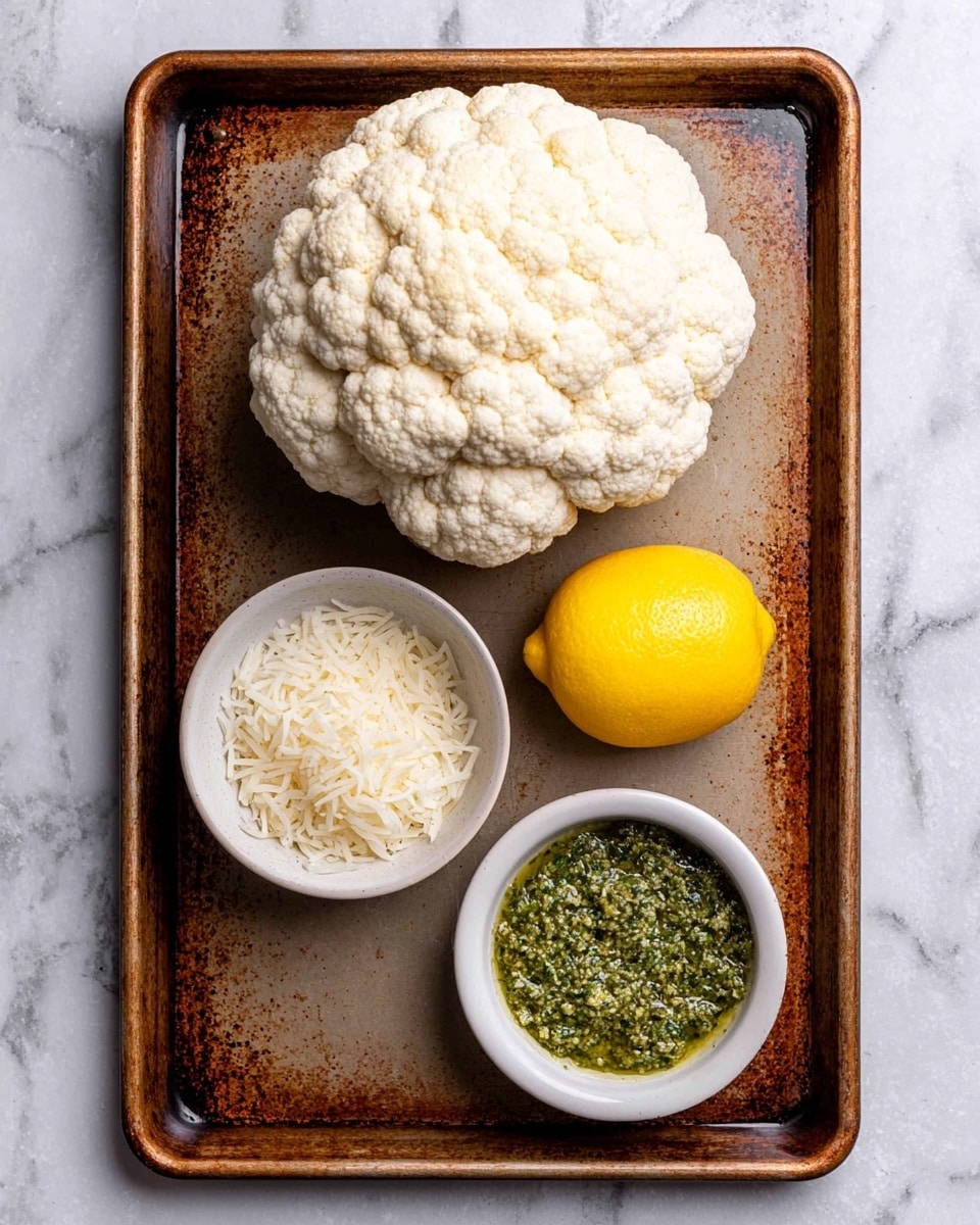 The image shows a rusty metal baking sheet placed on a white marbled surface. On the baking sheet, there is one large whole cauliflower with a bumpy white texture on the left side and a bright yellow lemon to the right of the cauliflower. Below them, there are two small white bowls next to each other, the left bowl filled with finely shredded white cheese, and the right bowl containing a coarse green pesto sauce. Photo taken with an iphone --ar 4:5 --v 7