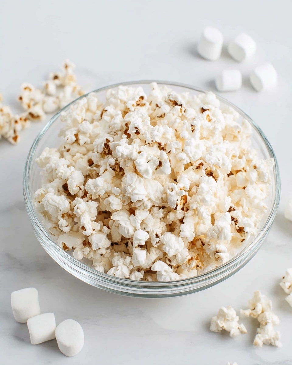 A clear glass bowl filled with a large pile of light-colored popcorn coated in melted white marshmallow, giving it a shiny and sticky look with some parts showing toasted brown spots. Around the bowl, a few whole white marshmallows and loose pieces of popcorn are scattered on a white marbled surface. The scene is bright with a soft and clean background. Photo taken with an iphone --ar 4:5 --v 7