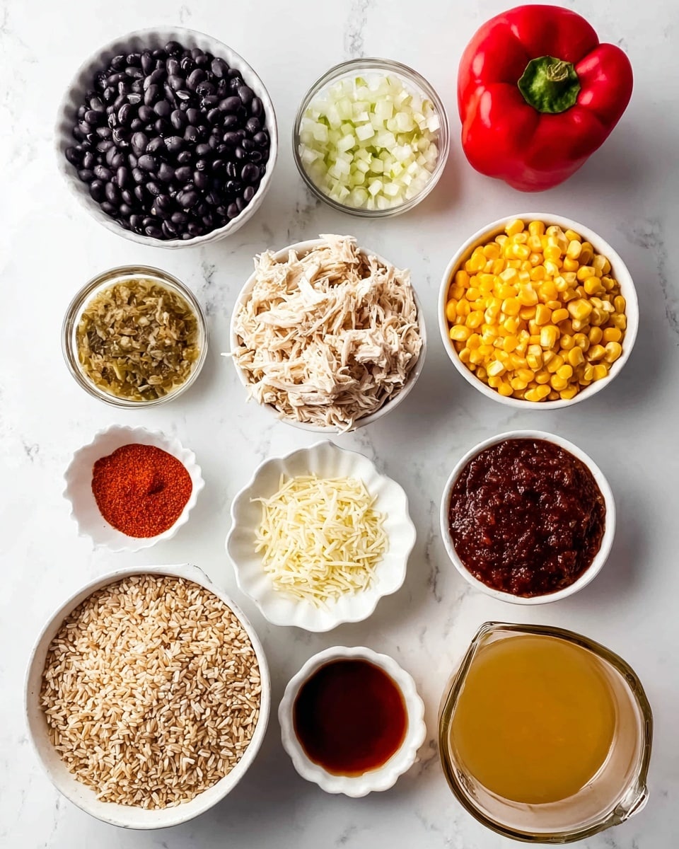 The image shows a white marbled surface with nine small white bowls and one glass measuring cup arranged neatly. The bowls contain different ingredients: black beans with a shiny, smooth texture are in the center, shredded white chicken with soft fibers is at the bottom right, cooked brown rice with a grainy texture is at the bottom left, shredded white cheese with thin strands is to the right, chopped yellow corn kernels with a firm look is near the top right, finely chopped white onions with small square pieces are near the top left, a red powdery spice is in a scalloped bowl near the middle right, a small glass bowl of thick dark red paste is near the bottom middle left, and a glass bowl filled with chunky greenish salsa is near the top middle. A shiny red bell pepper is placed at the top right next to the salsa, and a clear glass measuring cup holding light yellow broth is at bottom right. photo taken with an iphone --ar 4:5 --v 7