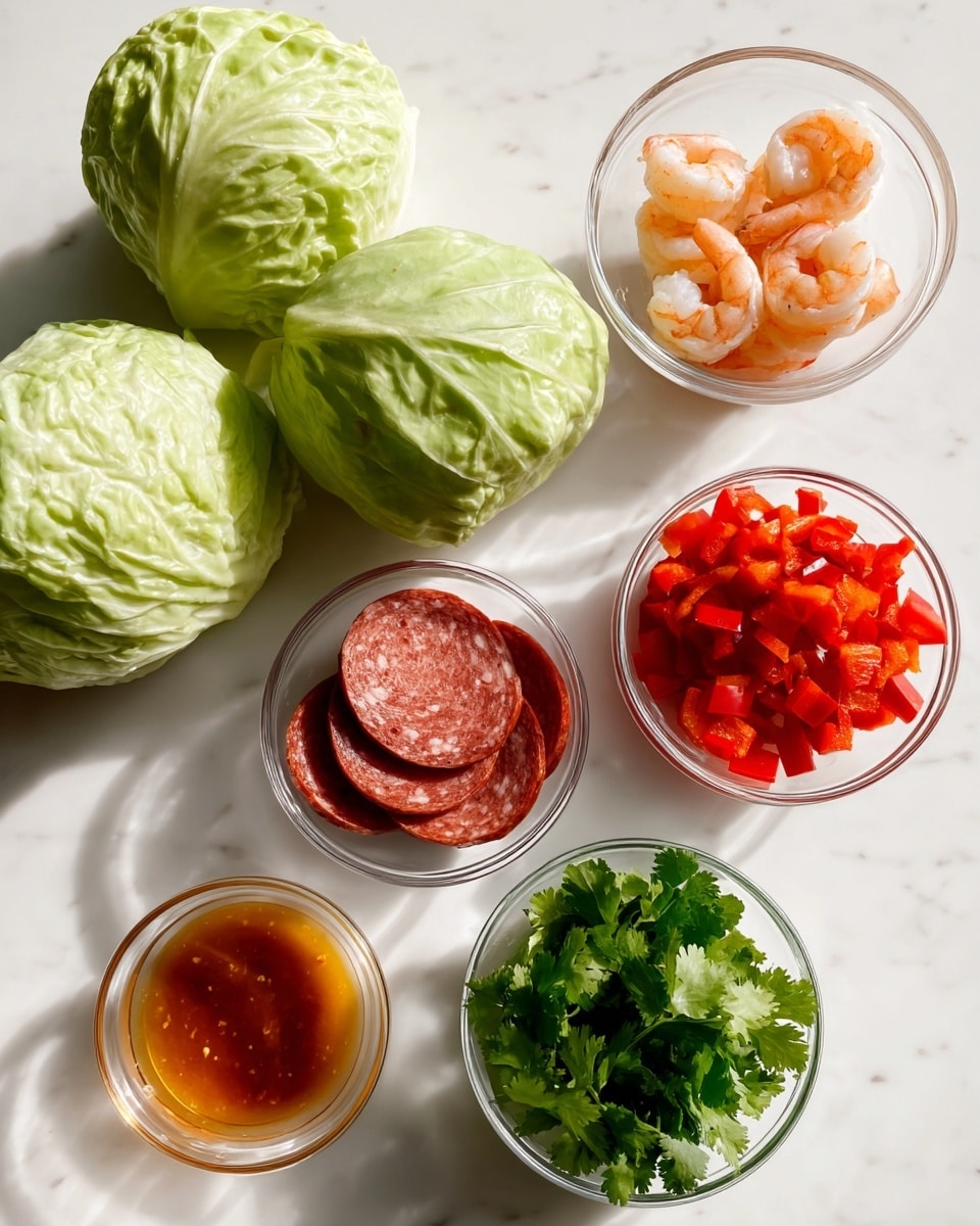 The image shows fresh ingredients laid out on a white marbled surface, including two whole heads of light green cabbage at the top left, a small glass bowl with three cooked pink shrimp at the top right, and a single round slice of reddish sausage placed just below the shrimp. Below the cabbage and sausage are three small glass bowls: one contains three slices of reddish-brown sausage, another has finely chopped bright red bell peppers, and the last bowl holds fresh green cilantro leaves. Additionally, there is a small glass bowl of thick amber-colored sauce at the bottom left. The lighting is bright and natural, casting soft shadows. Photo taken with an iphone --ar 4:5 --v 7