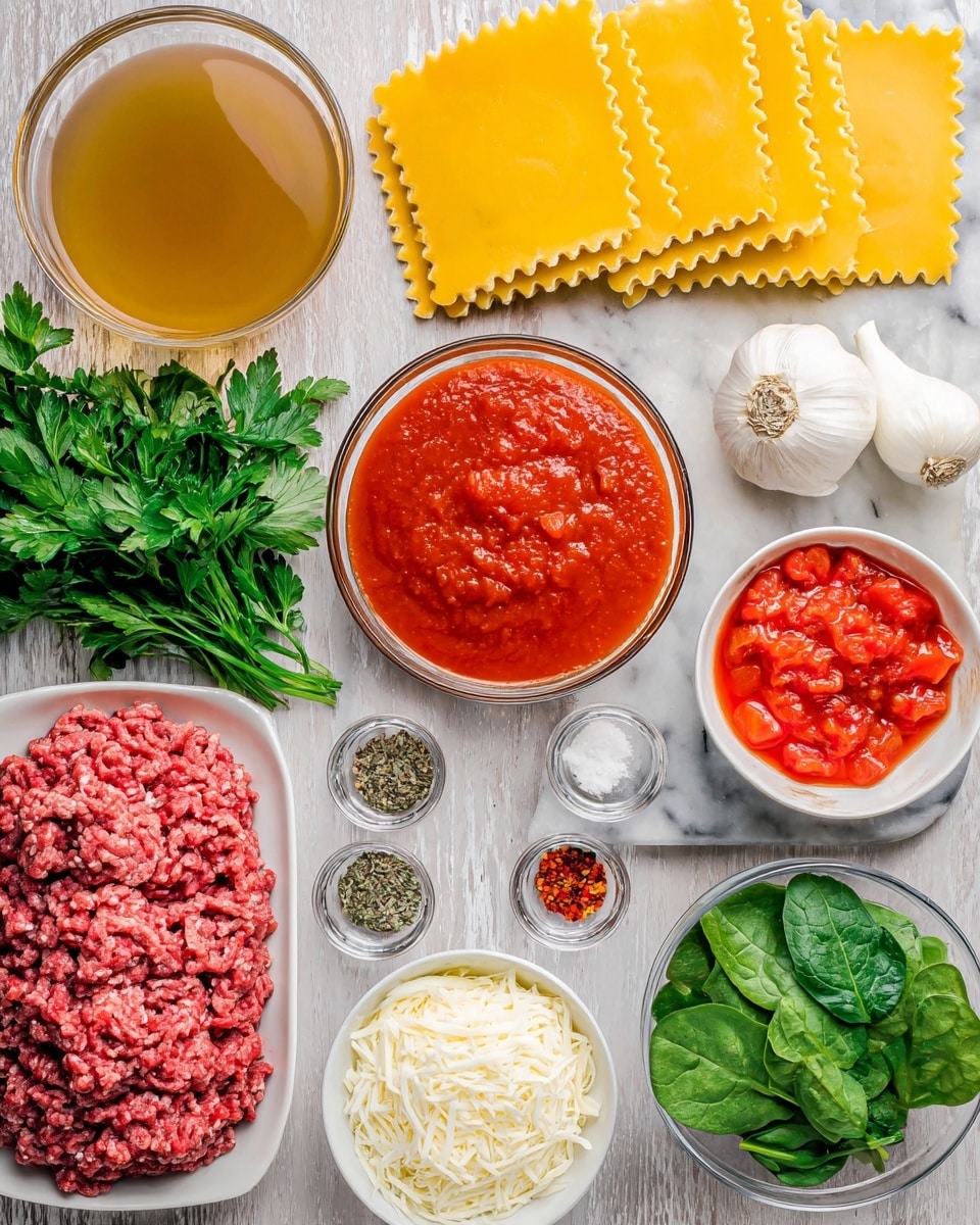 The image shows many ingredients arranged neatly on a white marbled texture. At the top center, there are yellow lasagna sheets with wavy edges. To the left of the sheets is a clear bowl filled with light brown broth. Below the broth is a bright red tomato sauce in a clear bowl. Next to the sauce is a bunch of fresh green parsley. In the middle of the image, there is a whole smooth white onion above a whole garlic bulb. Around the onion and garlic are small clear bowls with red pepper flakes, dried herbs, salt, and black pepper. To the right of the onion and spices, there is fresh green spinach leaves. Below the spinach on the right side, a white plate holds raw red ground meat. Below the parsley and sauce, two white bowls hold shredded white cheese and smooth white ricotta cheese. At the bottom right, a clear bowl contains diced tomatoes in red sauce. photo taken with an iphone --ar 4:5 --v 7