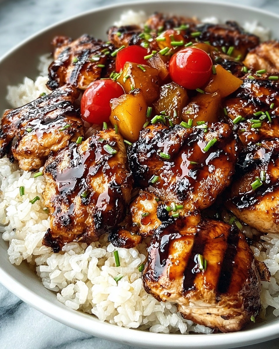 A white bowl filled with a base layer of white rice grains, topped with several pieces of grilled chicken that have dark grill marks and a shiny, caramelized glaze. Scattered on top of the chicken are small chunks of cooked vegetables in warm brown, red, and light green colors. The whole dish sits on a white marbled surface. photo taken with an iphone --ar 4:5 --v 7
