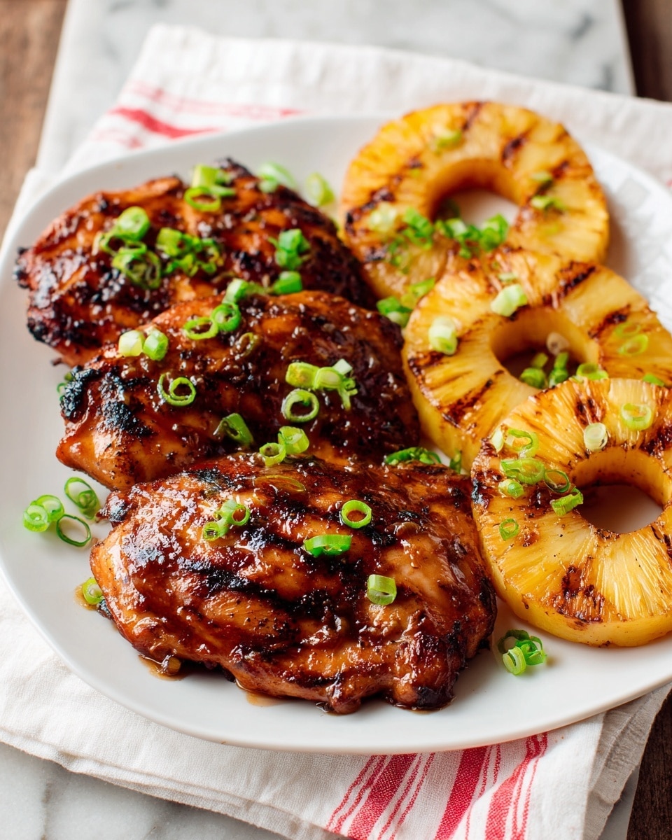 The image shows a white square plate with three pieces of grilled chicken on the left side and three grilled pineapple rings on the right side. The chicken pieces are dark brown with visible grill marks and a shiny glaze sauce giving them a rich texture. The pineapple rings are light yellow with charred grill lines, and both the chicken and pineapples are sprinkled with chopped green onions. The plate is on a white marbled surface, and a white cloth with red stripes is partially visible under the plate. photo taken with an iphone --ar 4:5 --v 7