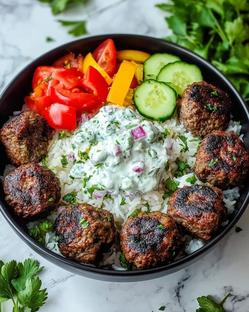 Greek Meatball Bowl with Tzatziki, Rice & Fresh Veggies Recipe