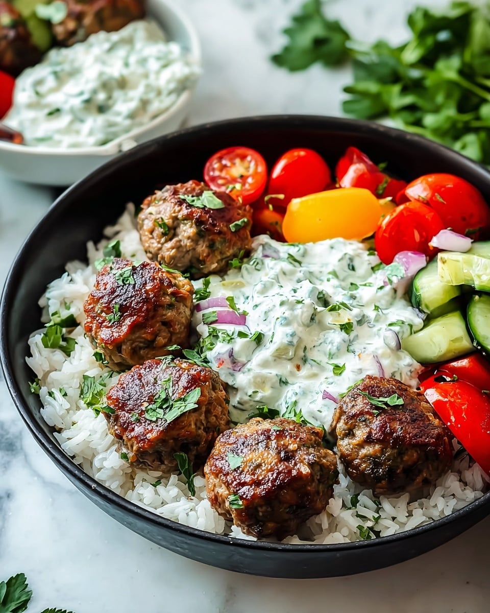 Greek Meatball Bowl with Tzatziki, Rice & Fresh Veggies Recipe - Recipe Image