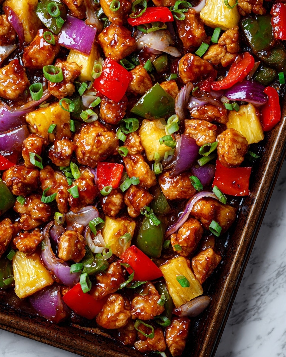 The image shows a close-up of a cooked dish on a baking tray filled with bite-sized pieces of golden-brown chicken coated in a shiny, dark sauce. Mixed in are chunky pieces of red and green bell peppers, bright yellow pineapple segments, and slices of purple-red onion layered evenly throughout. Small green onion rings are scattered on top as a fresh garnish, adding pops of green color. The textures vary, with the chicken looking tender and slightly crispy, the vegetables appearing juicy and slightly softened, while the pineapple pieces add a glossy, sticky texture. The tray sits on a white marbled surface. photo taken with an iphone --ar 4:5 --v 7