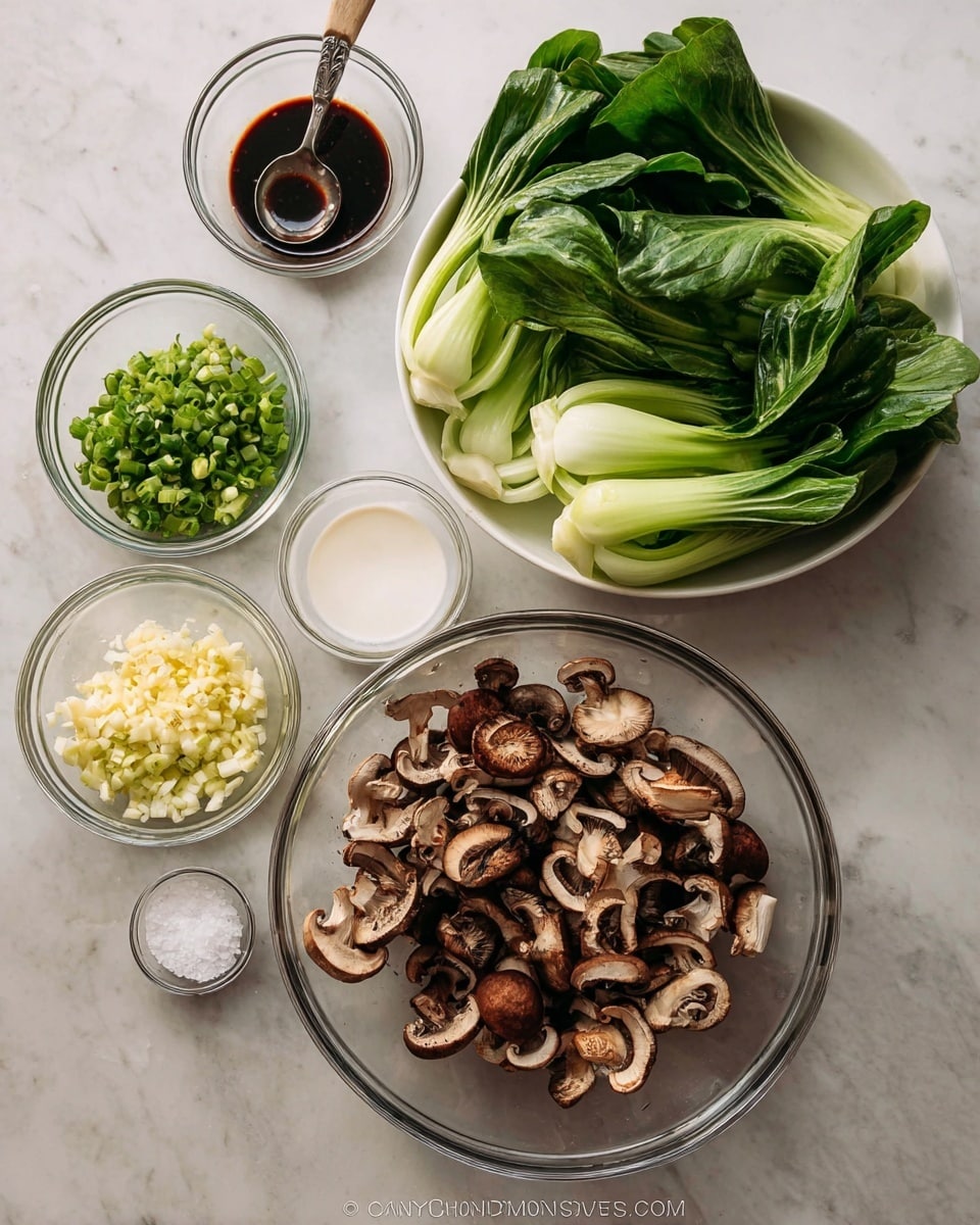 The image shows several clear glass bowls arranged on a white marbled surface. The largest bowl at the bottom right is full of brown mushrooms, some whole and some sliced in half, showing their light interior and dark gills. Above it to the right is a white bowl filled with many green bok choy, some whole and some cut in half, displaying their white stalks and dark green leaves layered closely together. In the top left is a smaller clear bowl with finely chopped green onions, garlic, and ginger, showing soft yellow, white, and bright green colors. To the left of the mushrooms is another clear bowl with a dark brown liquid sauce that has a spoon in it. Below this is a white bowl with a thick white liquid and a spoon inside. Near the bottom center is a small clear bowl with coarse white salt. The whole layout is very neat and clean with a light natural feel. photo taken with an iphone --ar 4:5 --v 7
