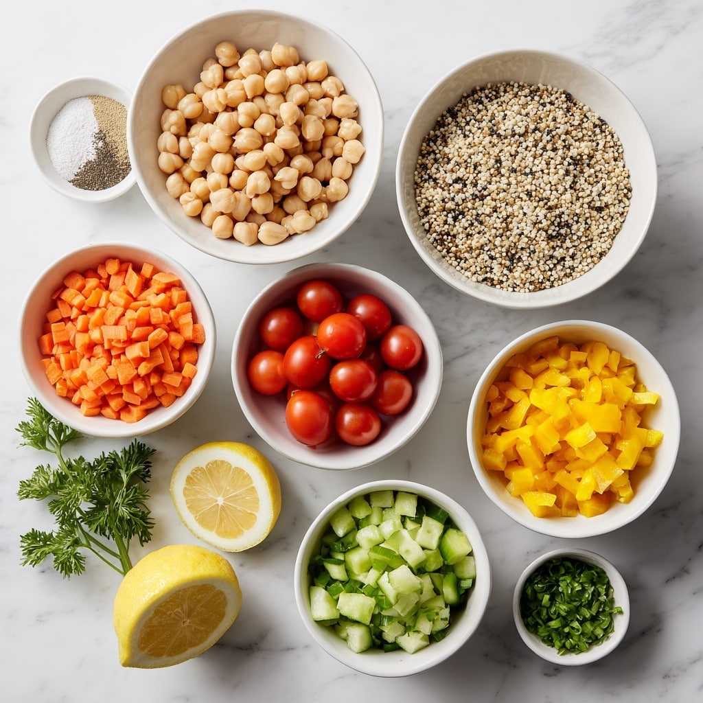The image shows nine white bowls on a white marbled surface, each holding a different ingredient. The biggest bowl at the top center is filled with light beige chickpeas with a smooth round texture. To its right is a bowl of dry quinoa grains in white, black, and beige colors creating a speckled pattern. Below the chickpeas, a bowl with small, bright red, shiny grape tomatoes sits in the center. To the left of the tomatoes is a bowl filled with small diced orange carrots showing a rough, freshly chopped texture. Below the carrots is a bowl of chopped cucumber pieces with dark green skin and pale green inside. To the right of the tomatoes is a bowl filled with diced yellow bell pepper pieces, vibrant and glossy. Below the bell pepper is a small bowl of chopped green onions with fresh green colors. To the left of this is a small bowl with white, light pink, black, and beige seasonings labeled garlic powder, salt, and pepper, which have powdery and grainy textures. At the bottom center, whole and halved bright yellow lemons and green parsley leaves with curly texture complete the layout. The bowls form a loose grid with all items neat and clearly visible. Photo taken with an iphone --ar 4:5 --v 7