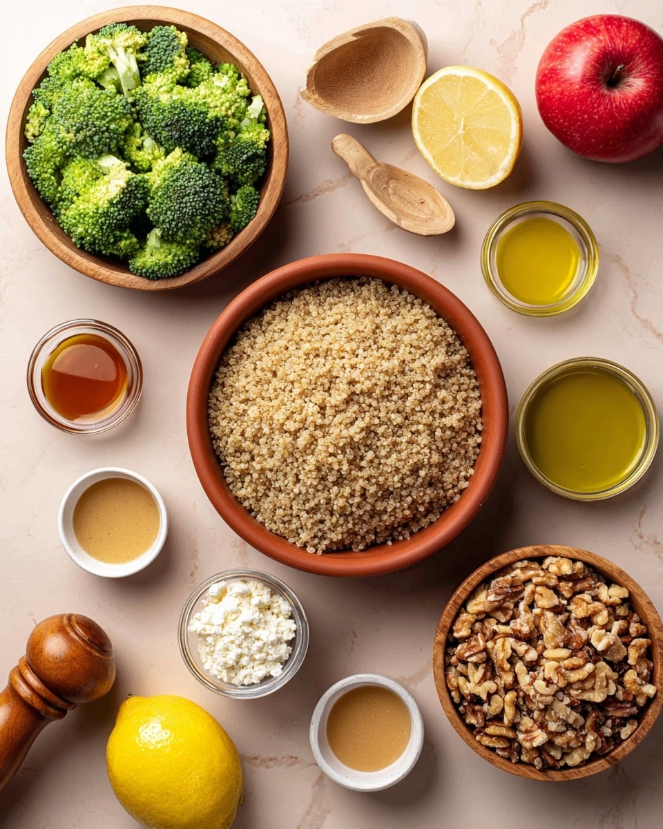 A top view of various ingredients arranged on a white marbled surface, centered is a large terracotta bowl filled with cooked quinoa, light brown and grainy in texture. To the top left and bottom right are wooden bowls filled with fresh green broccoli florets, bright and textured. To the right of the quinoa bowl, a wooden bowl holds a mix of chopped nuts in shades of brown, with a shiny, rough texture. Above it, two small white bowls contain golden honey and pale yellow oil, smooth and glossy. To the bottom left, a small wooden bowl holds white crumbled cheese, soft and crumbly. Nearby is a bright yellow lemon, smooth and round, and three small white bowls holding a grainy mustard sauce, a light amber liquid, and more smooth sauce. Near the bottom right edge is a wooden pepper grinder with a shiny finish, and a red apple with a smooth, shiny skin to the top right. Photo taken with an iphone --ar 4:5 --v 7